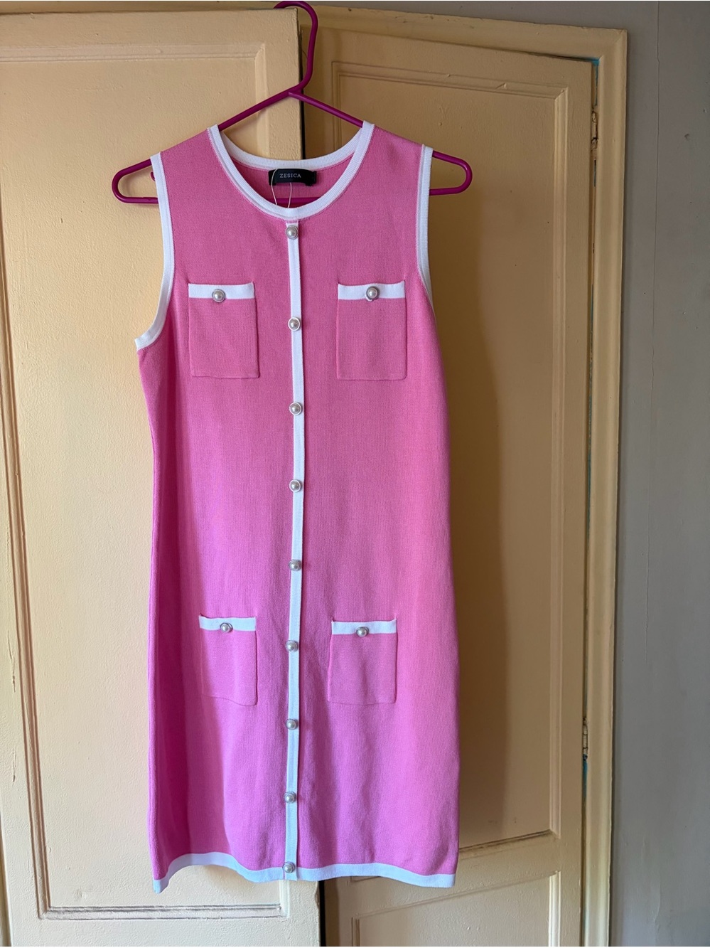 New! Pink Sleeveless Button-Front Dress